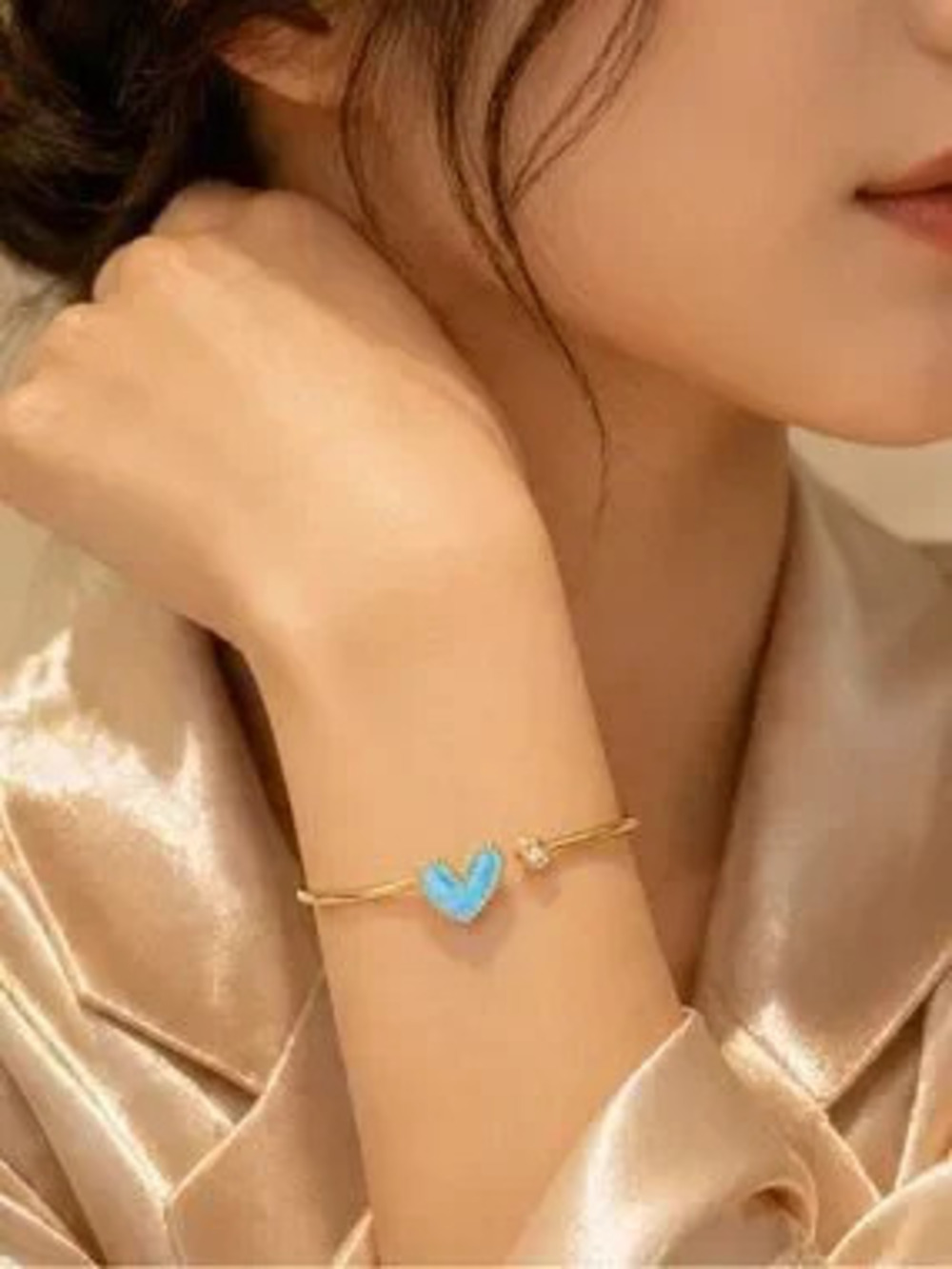 Sky Blue Heart Gold Cuff Bracelet